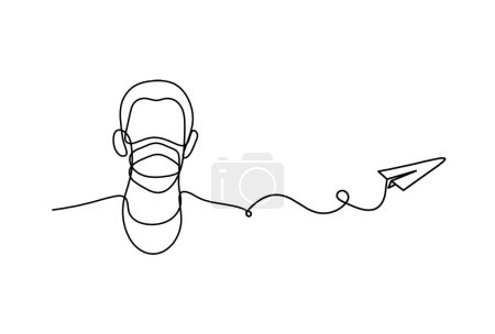 Ilustración de Abstract man face with mask and globe with paper plane as line drawing on white background - Imagen libre de derechos