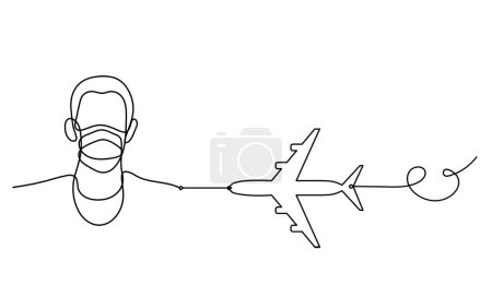 Ilustración de Abstract man face with mask and globe with plane as line drawing on white background - Imagen libre de derechos