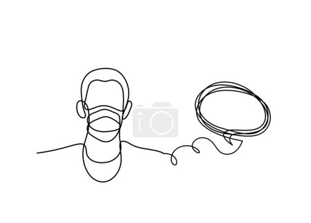 Téléchargez les illustrations : Abstract man face with mask and globe with comment as line drawing on white background - en licence libre de droit