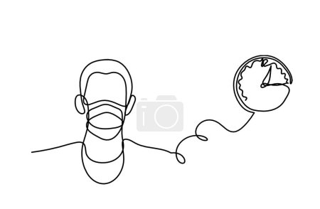 Ilustración de Abstract man face with mask and globe with clock as line drawing on white background - Imagen libre de derechos