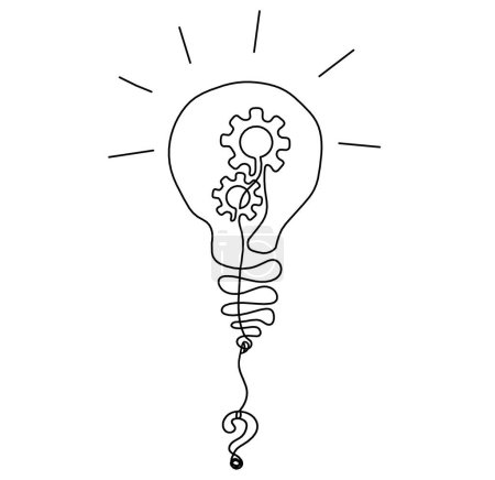 Ilustración de Abstract round metal gears wheels with light bulb and question mark as line drawing on white background. Concept of teamwork - Imagen libre de derechos