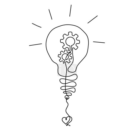 Ilustración de Abstract round metal gears wheels with light bulb and heart as line drawing on white background. Concept of teamwork - Imagen libre de derechos
