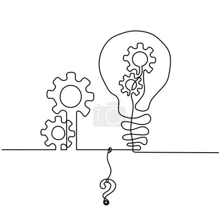 Ilustración de Abstract round metal gears wheels with light bulb and question mark as line drawing on white background. Concept of teamwork - Imagen libre de derechos