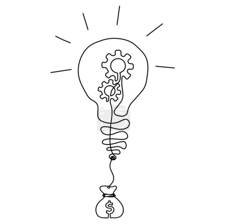 Téléchargez les illustrations : Abstract round metal gears wheels with light bulb and dollar as line drawing on white background. Concept of teamwork - en licence libre de droit