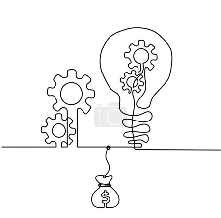 Illustration for Abstract round metal gears wheels with light bulb and dollar as line drawing on white background. Concept of teamwork - Royalty Free Image