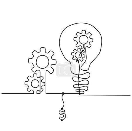 Ilustración de Abstract round metal gears wheels with light bulb and dollar as line drawing on white background. Concept of teamwork - Imagen libre de derechos