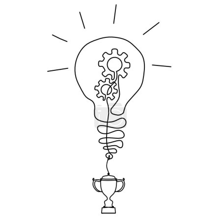 Illustration for Abstract round metal gears wheels with light bulb and  trophy as line drawing on white background. Concept of teamwork - Royalty Free Image