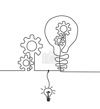 Illustration for Abstract round metal gears wheels with light bulb as line drawing on white background. Concept of teamwork - Royalty Free Image