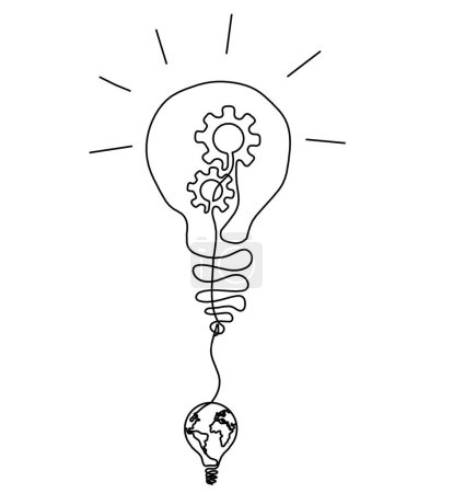 Téléchargez les illustrations : Abstract round metal gears wheels with light bulb as line drawing on white background. Concept of teamwork - en licence libre de droit