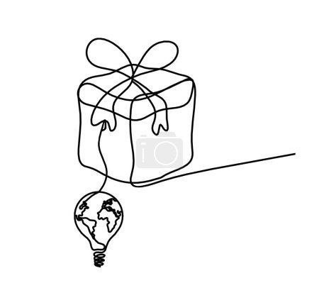 Illustration for Abstract present box and globe light bulb as continuous line drawing on white background - Royalty Free Image