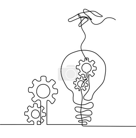 Ilustración de Abstract round metal gears wheels with light bulb  and hand as line drawing on white background. Concept of teamwork - Imagen libre de derechos