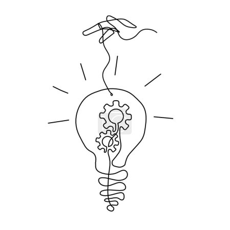 Illustration for Abstract round metal gears wheels with light bulb  and hand as line drawing on white background. Concept of teamwork - Royalty Free Image