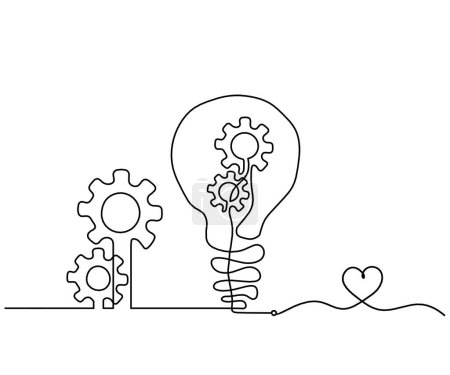 Téléchargez les illustrations : Abstract round metal gears wheels with light bulb and heart as line drawing on white background. Concept of teamwork - en licence libre de droit