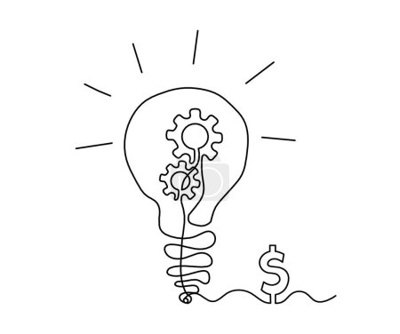 Téléchargez les illustrations : Abstract round metal gears wheels with light bulb and  dollar as line drawing on white background. Concept of teamwork - en licence libre de droit
