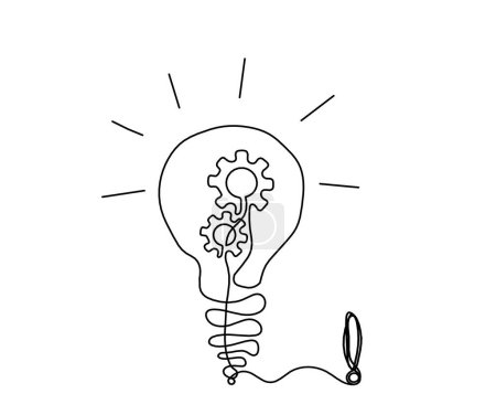 Téléchargez les illustrations : Abstract round metal gears wheels with light bulb and exclamation mark as line drawing on white background. Concept of teamwork - en licence libre de droit