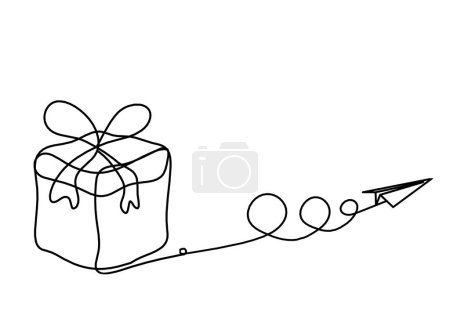 Illustration for Abstract present box and paper plane as continuous line drawing on white background - Royalty Free Image