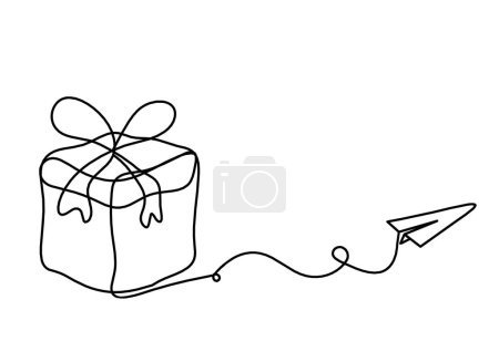 Téléchargez les illustrations : Abstract present box and paper plane as continuous line drawing on white background - en licence libre de droit