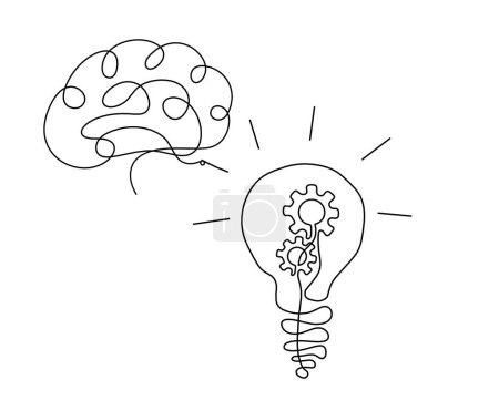 Ilustración de Abstract round metal gears wheels with light bulb and brain as line drawing on white background. Concept of teamwork - Imagen libre de derechos