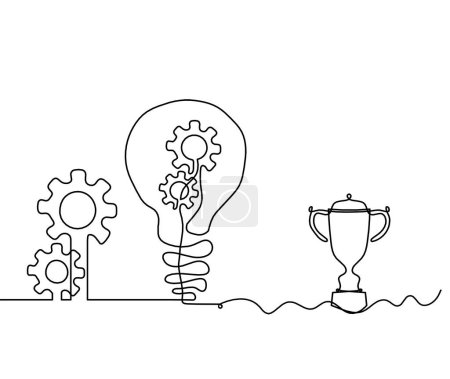 Téléchargez les illustrations : Abstract round metal gears wheels with light bulb and trophy as line drawing on white background. Concept of teamwork - en licence libre de droit