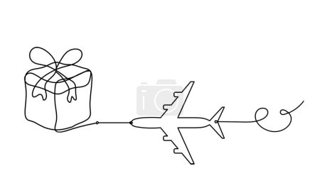 Illustration for Abstract present box and plane as continuous line drawing on white background - Royalty Free Image