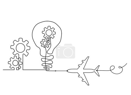 Ilustración de Abstract round metal gears wheels with light bulb and plane as line drawing on white background. Concept of teamwork - Imagen libre de derechos