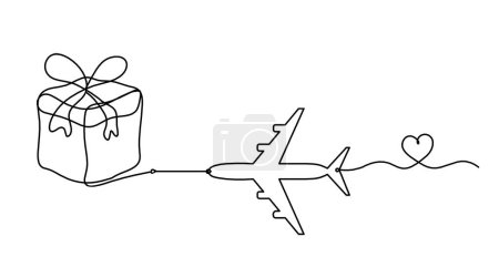 Ilustración de Abstract present box and plane as continuous line drawing on white background - Imagen libre de derechos