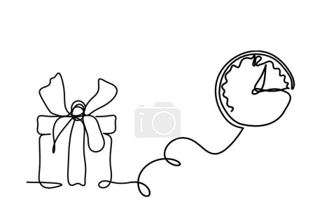 Téléchargez les illustrations : Abstract present box and clock as continuous line drawing on white background - en licence libre de droit