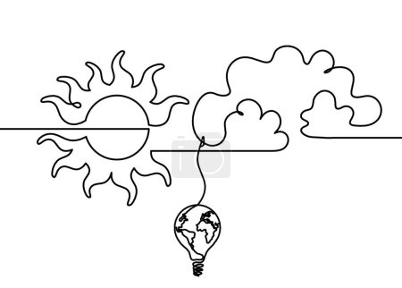 Illustration for Abstract sun with globe light bulb as line drawing on white background - Royalty Free Image
