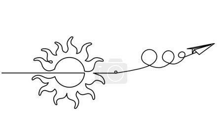 Illustration for Abstract sun with paper plane as line drawing on white background - Royalty Free Image