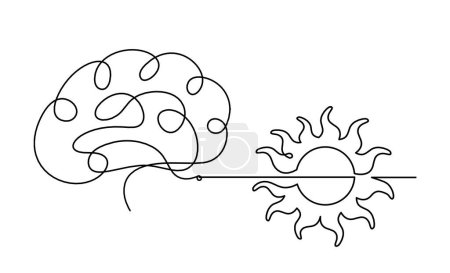 Illustration for Abstract sun with brain as line drawing on white background - Royalty Free Image