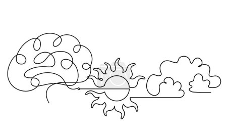 Téléchargez les illustrations : Abstract sun with brain as line drawing on white background - en licence libre de droit