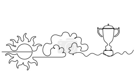 Téléchargez les illustrations : Abstract sun with trophy as line drawing on white background - en licence libre de droit