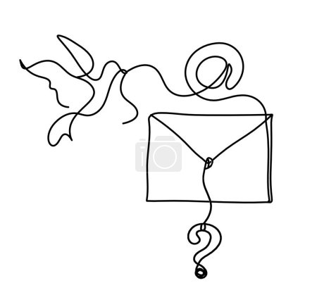 Ilustración de Sobre de papel abstracto con pájaro y signo de interrogación como dibujo en línea sobre fondo blanco - Imagen libre de derechos