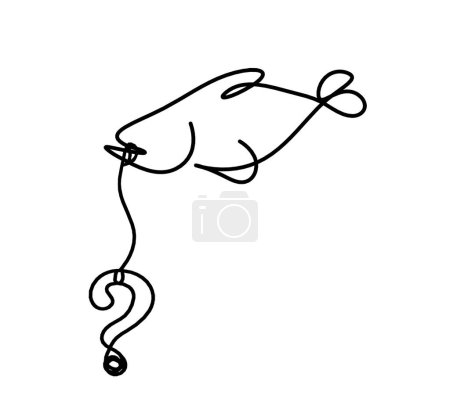 Ilustración de Silhouette of fish and question mark as line drawing on white background - Imagen libre de derechos