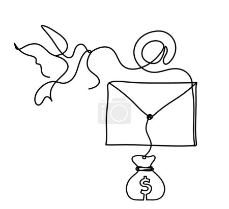 Ilustración de Sobre de papel abstracto con pájaro y dólar como dibujo en línea sobre fondo blanco - Imagen libre de derechos