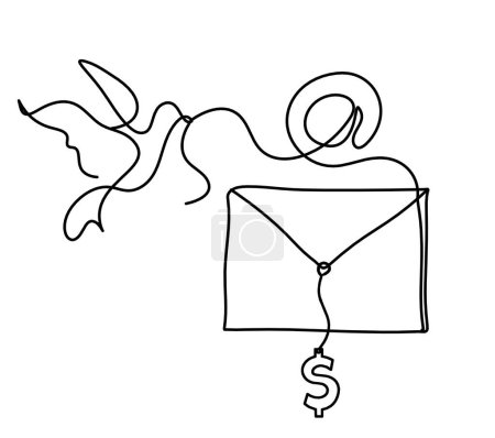 Téléchargez les illustrations : Enveloppe en papier abstrait avec oiseau et dollar comme dessin au trait sur fond blanc - en licence libre de droit