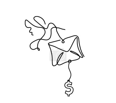 Ilustración de Sobre de papel abstracto con pájaro y dólar como dibujo en línea sobre fondo blanco - Imagen libre de derechos