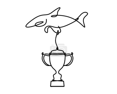 Téléchargez les illustrations : Silhouette de poisson et trophée comme dessin au trait sur fond blanc - en licence libre de droit