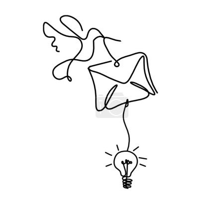 Illustration for Abstract paper envelope with bird and light bulb as line drawing on white background - Royalty Free Image