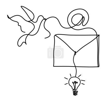 Ilustración de Sobre de papel abstracto con pájaro y bombilla como dibujo en línea sobre fondo blanco - Imagen libre de derechos