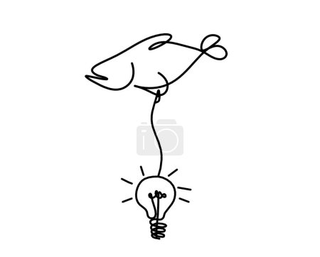 Illustration for Silhouette of fish and light bulb as line drawing on white background - Royalty Free Image