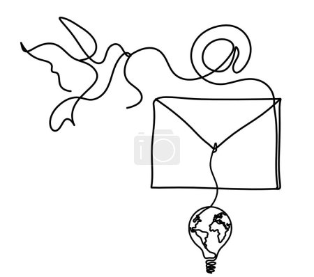 Illustration for Abstract paper envelope with bird and light bulb as line drawing on white background - Royalty Free Image