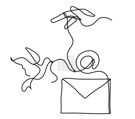 Ilustración de Sobre de papel abstracto con pájaro y mano como dibujo en línea sobre fondo blanco - Imagen libre de derechos