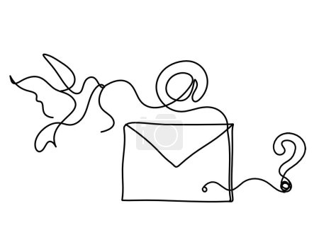 Illustration for Abstract paper envelope with bird and question mark as line drawing on white background - Royalty Free Image