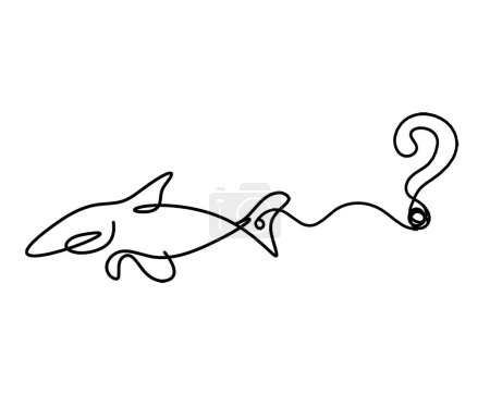 Silueta de pescado y signo de interrogación como dibujo en línea sobre fondo blanco