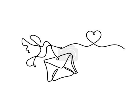 Téléchargez les illustrations : Enveloppe en papier abstrait avec oiseau et coeur comme dessin au trait sur fond blanc - en licence libre de droit
