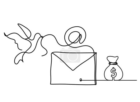Ilustración de Abstract paper envelope with bird and dollar as line drawing on white background - Imagen libre de derechos