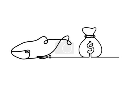 Téléchargez les illustrations : Silhouette of fish and dollar as line drawing on white background - en licence libre de droit