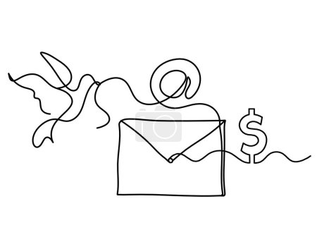 Téléchargez les illustrations : Enveloppe en papier abstrait avec oiseau et dollar comme dessin au trait sur fond blanc - en licence libre de droit