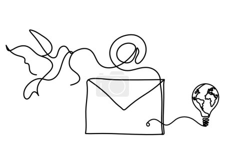 Ilustración de Sobre de papel abstracto con pájaro y bombilla como dibujo en línea sobre fondo blanco - Imagen libre de derechos